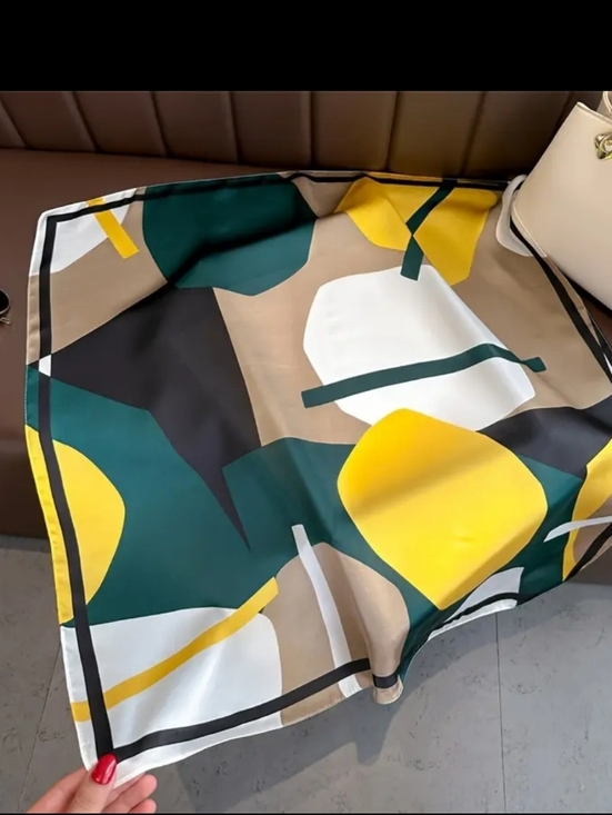 Accessories - Abstract Geometric Silk-Look Scarf in Green, Yellow, White, Black